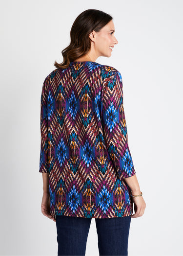 T-shirt long évasé manches 3/4 col rond Bleu/Cassis