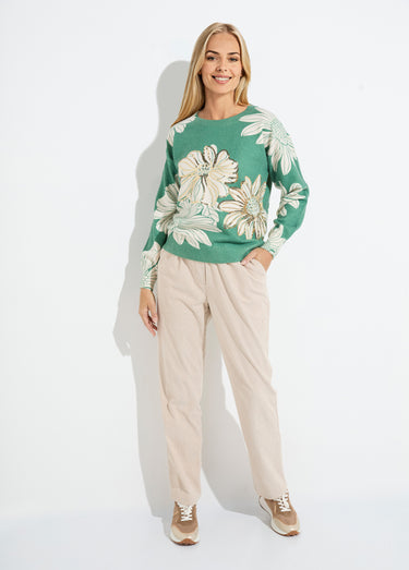 Pull fin imprimé fleurs sequins col rond Vert