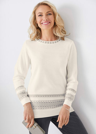 Pull-tunique doux mi-long jacquard col rond Ecru