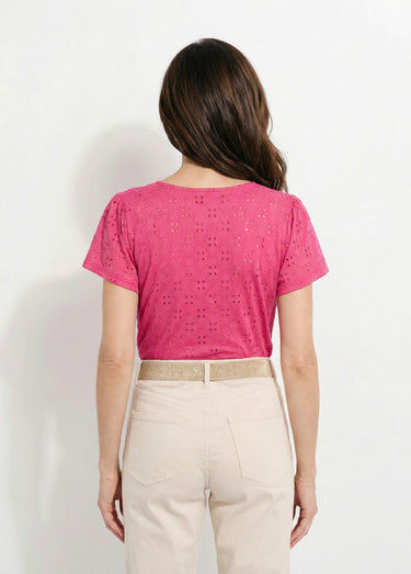 T-shirt col V effet broderie manches courtes Fuchsia