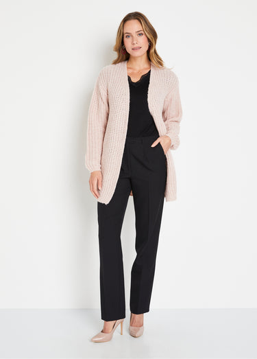 Gilet long uni bord à bord grosse maille Beige Rose
