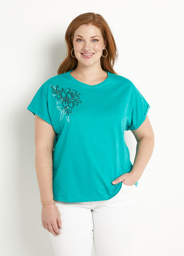 T-shirt coton uni sequins manches courtes Turquoise