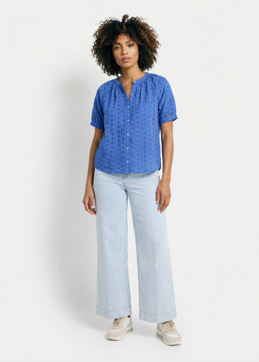 Chemisier ample coton brodé sans col Bleu