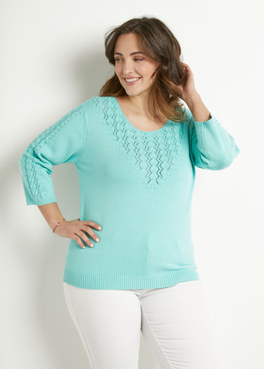 Pull doux uni col rond maille fantaisie Aqua