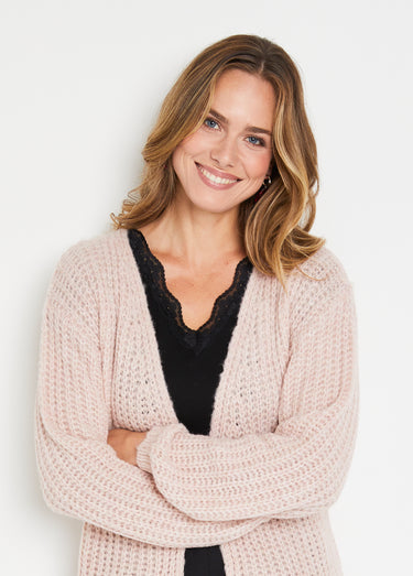 Gilet long uni bord à bord grosse maille Beige Rose
