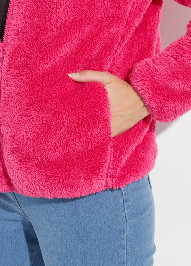 Veste fausse fourrure col montant manches longues Fuchsia