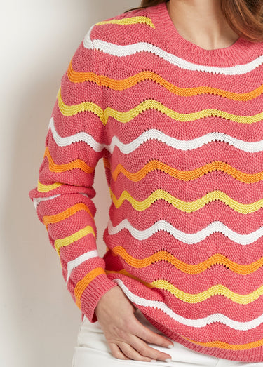 Pull doux col rond reliefé rayé point mousse Fond Rose