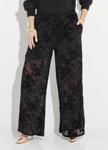 Pantalon dentelle avec fleurs velours Noir