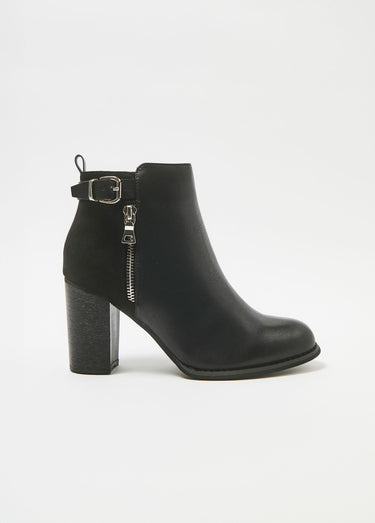 Boots talon haut bi matière boucle + zip Noir