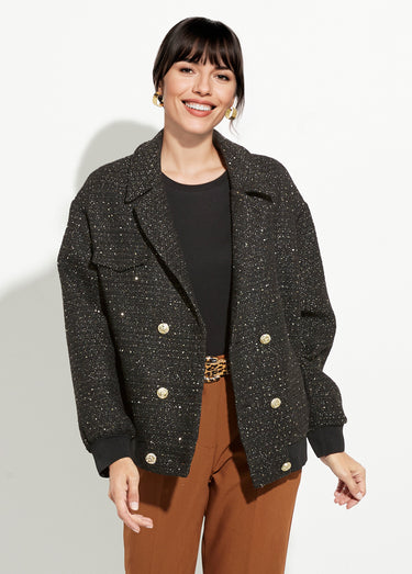 Blouson teddy tweed et détails couture Noir