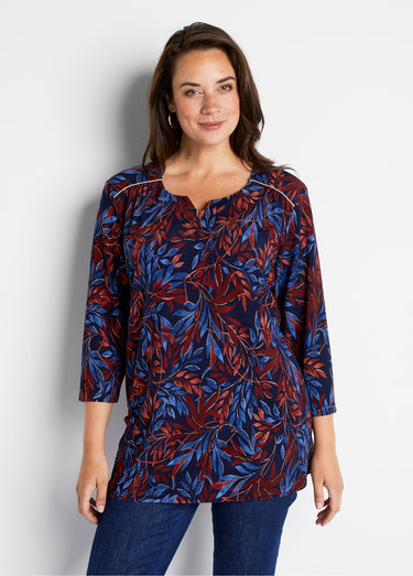 T-shirt long évasé manches 3/4 col rond Imprime/Bleu