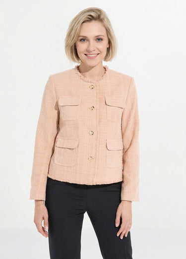 Veste tweed boutonnée frangée sans col Amande