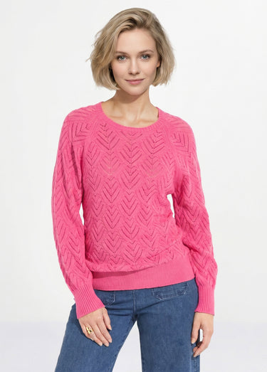 Pull doux court col rond uni ajouré Rose