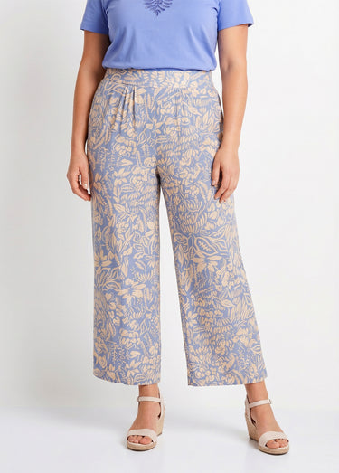 Pantalon large taille élastiquée fleuri ou uni Bleu / Écru
