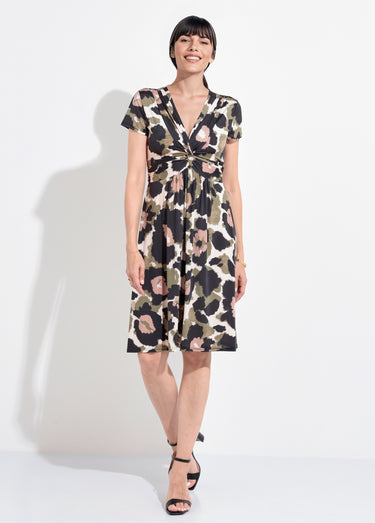 Robe courte col V drapé camouflage arty Noir/Kaki