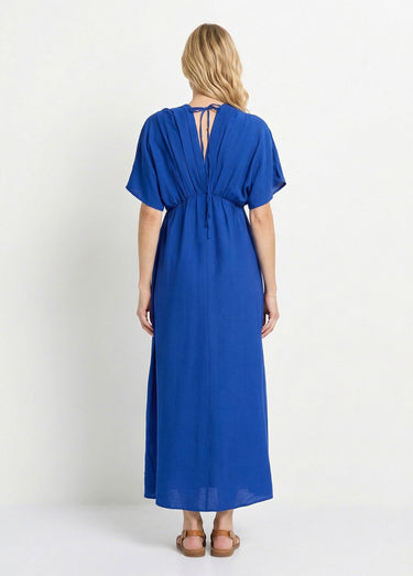 Robe longue col V plissé devant et dos Bleu Roi