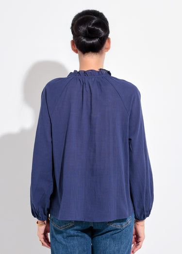 Blouse ample col V fantaisie lien à nouer Marine