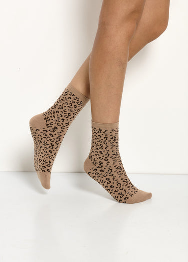 Mi-chaussettes bord cotes, motif léopard Beige Lot3