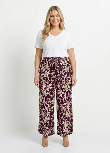 Pantalon taille élastiquée, motif fleuri Bordeaux/Beige