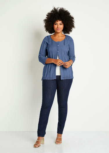 Cardigan boutonnée long ajouré Bleu
