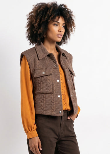 Veste sans manches maille fantaisie Marron