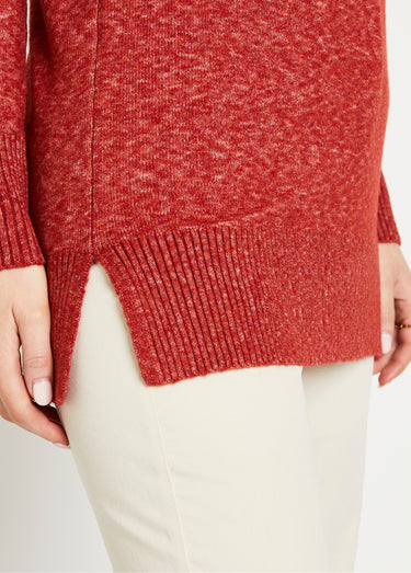 Pull tunique chiné long col V avec laine Brique