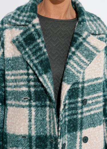 Caban carreaux long façon laine bouclée Vert / Écru