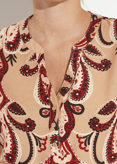 Blouse col V boutonné imprimé acanthes Beige