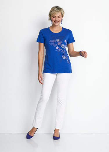 T-shirt long motif fleuri fentes côtés Bleu