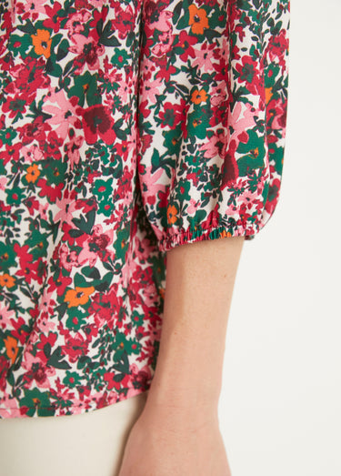 Tunique longue droite fleurie col V Rose/Vert