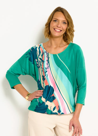 T-shirt manches 3/4 blousant à motif Vert/Rose