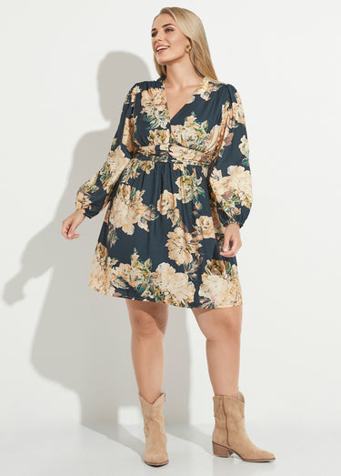 Robe courte taille plissée, pivoines Marine/Beige