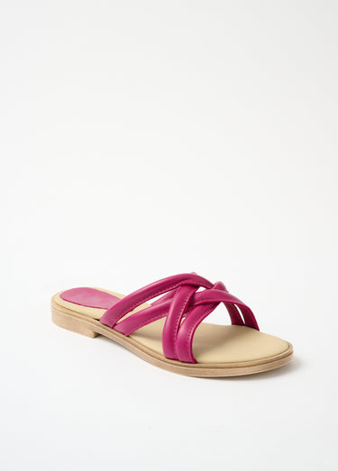 Mules compensées brides croisées cuir Fuchsia