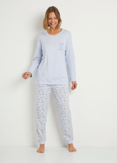 Pyjama manches longues coton interlock Bleu Imprime