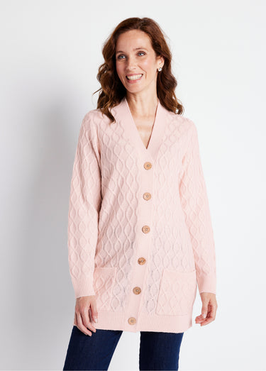 Gilet long boutonné torsades col V Rose