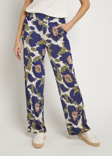 Pantalon fluide stretch, fleuri stylisé Marine/Kaki