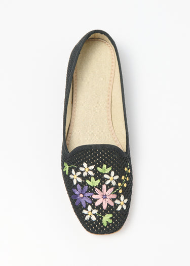 Ballerines ouvertes textile brodé talon plat Noir