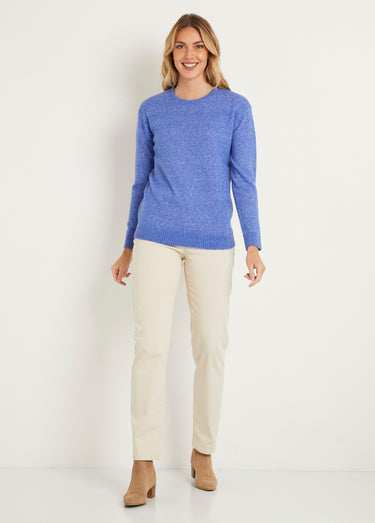 Pull chiné court col rond avec laine Bleu