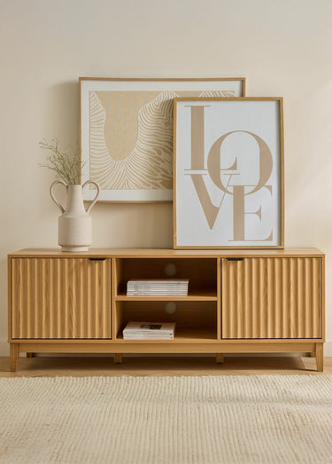 BOLOGNE Meuble TV banc, effet cannelé Bois Clair