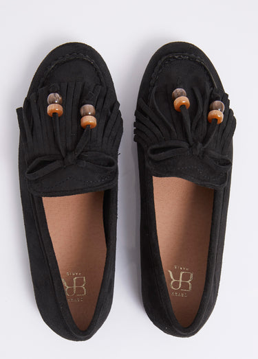 Mocassins plats, avec franges et perles Noir