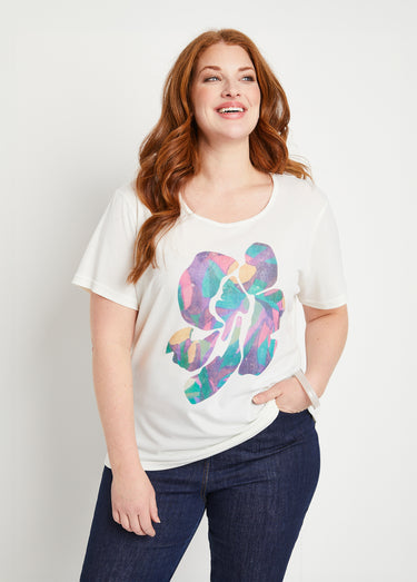 T-shirt col rond avec motif fleuri Fond Ecru