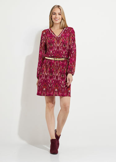 Robe courte imprimée col V manches longues Cassis/Beige