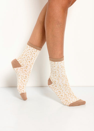 Mi-chaussettes bord cotes, motif léopard Ivoire Lot3