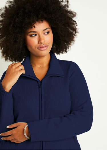 Gilet zippé long uni col montant Marine