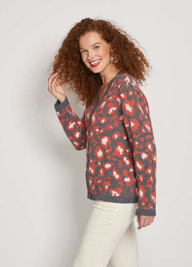 Gilet court boutonné jacquard léopard Gris/Tomette