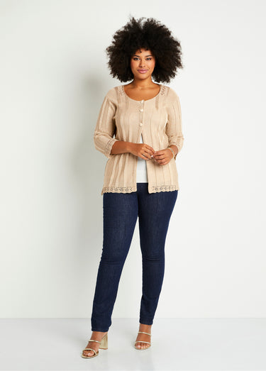 Cardigan boutonnée long ajouré Ficelle