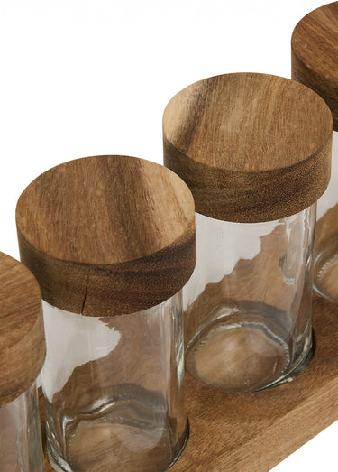 Set 6 pots épices verre + plateau acacia Bois