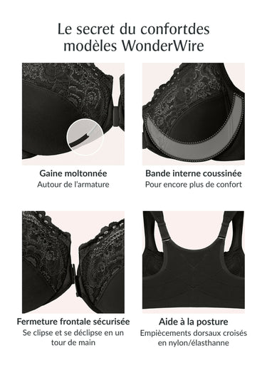 Soutien-gorge WonderWire Dentelle Grandes Tailles Posture ++, Fermeture Frontale et Armatures n°1255 Noir