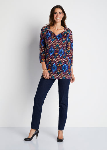 T-shirt long évasé manches 3/4 col rond Bleu/Cassis