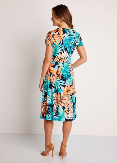 Robe courte cache-coeur motif végétal Marine/Vert
